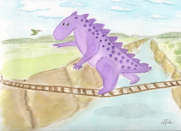 Hobji balances over river canyon